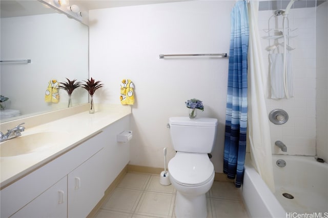 full bathroom with toilet, vanity, and shower / bathtub combination with curtain