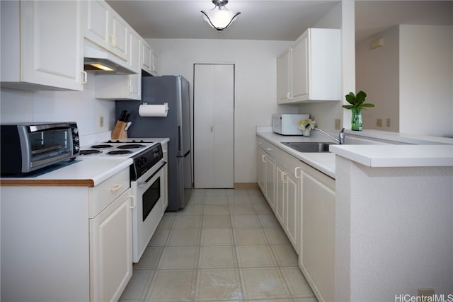 kitchen featuring white cabinets, kitchen peninsula, sink, and white appliances