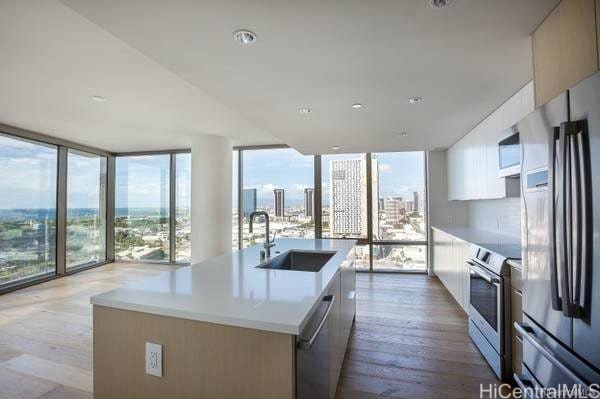 kitchen featuring a kitchen island with sink, stainless steel appliances, a healthy amount of sunlight, and sink