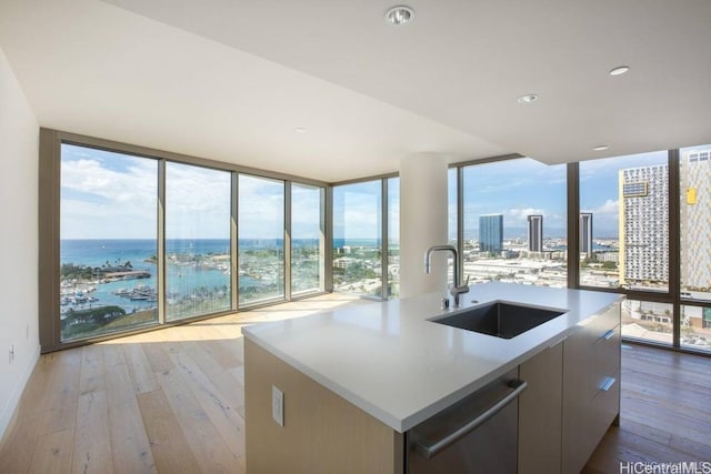 kitchen with a center island with sink, sink, a water view, stainless steel dishwasher, and light wood-type flooring