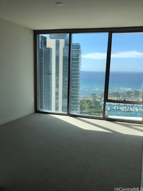 carpeted spare room featuring plenty of natural light and a water view