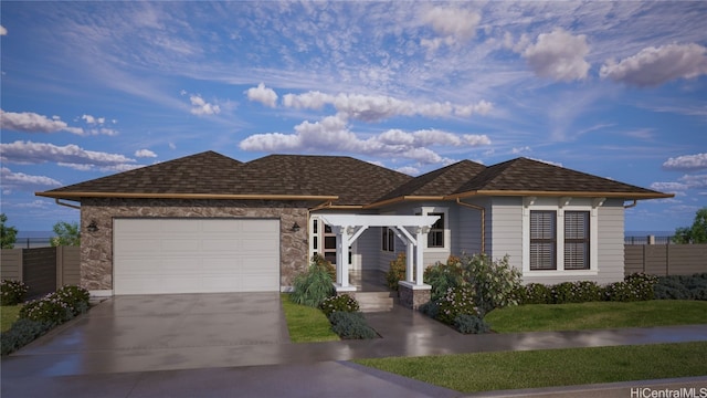 view of front of house featuring stone siding, concrete driveway, a garage, and fence