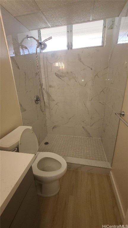 bathroom with vanity, toilet, a tile shower, and wood-type flooring