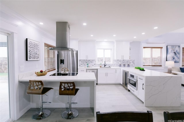 92-1310 Palahia St, Kapolei, HI 96707 - kitchen featuring a peninsula, appliances with stainless steel finishes, island range hood, white cabinetry, and backsplash