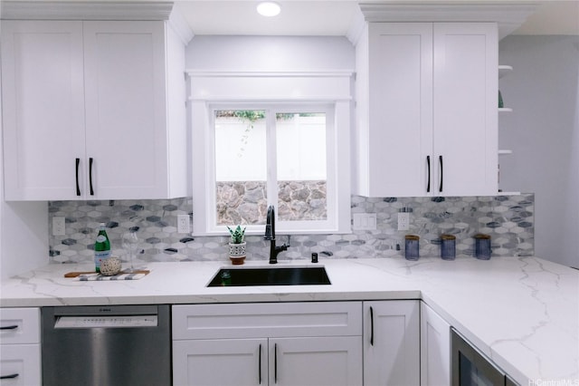92-1310 Palahia St, Kapolei, HI 96707 - kitchen featuring stainless steel dishwasher, a sink, open shelves, and decorative backsplash