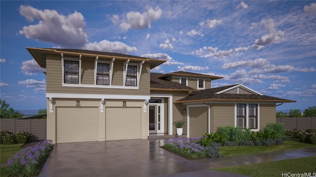 view of front of property featuring concrete driveway, an attached garage, and fence