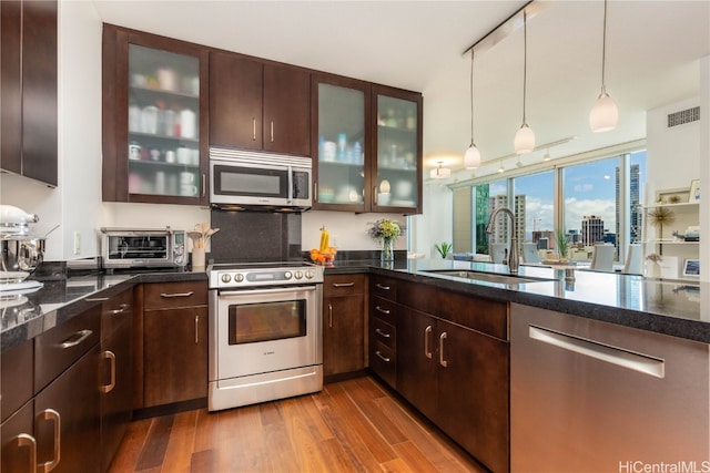 kitchen featuring wood-type flooring, dark brown cabinetry, sink, appliances with stainless steel finishes, and decorative light fixtures