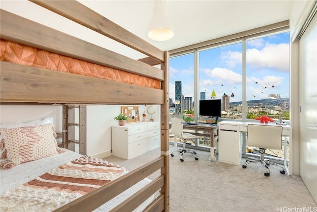 carpeted bedroom with expansive windows and multiple windows