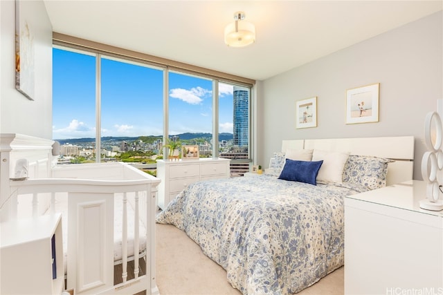 bedroom featuring a mountain view and multiple windows