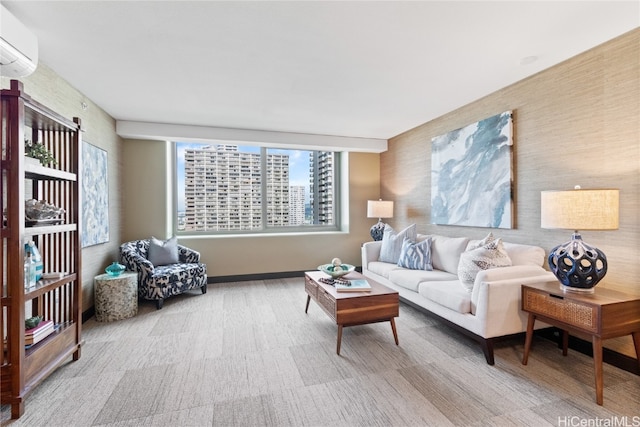 carpeted living room featuring a wall mounted air conditioner