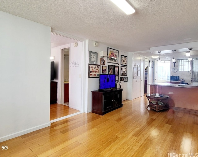 living room with a textured ceiling and light wood-type flooring