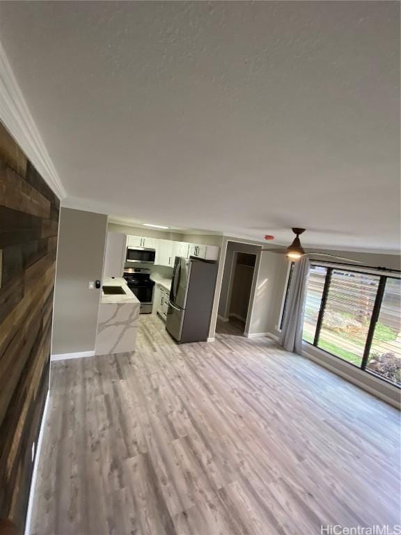 unfurnished living room with ornamental molding, a fireplace, light hardwood / wood-style flooring, and sink