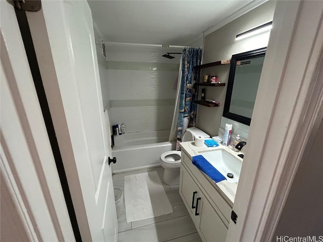 full bathroom with tile patterned floors, vanity, toilet, ornamental molding, and shower / bath combo