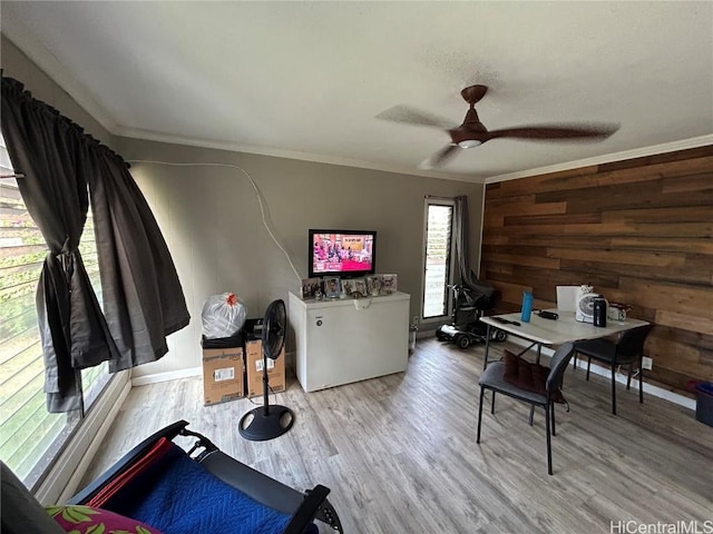 office space with ceiling fan, crown molding, light hardwood / wood-style floors, and wooden walls