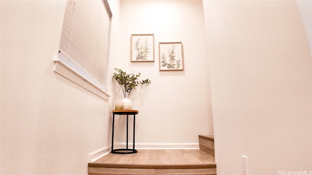 stairway featuring hardwood / wood-style flooring