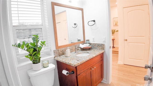 bathroom with hardwood / wood-style flooring, vanity, and toilet