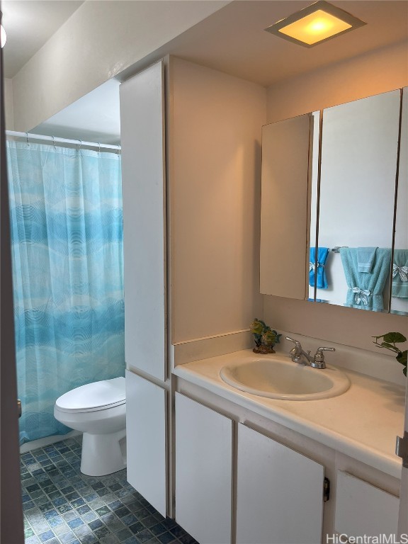 bathroom featuring vanity, toilet, and a shower with curtain