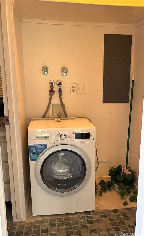 laundry area with electric panel and washer / clothes dryer