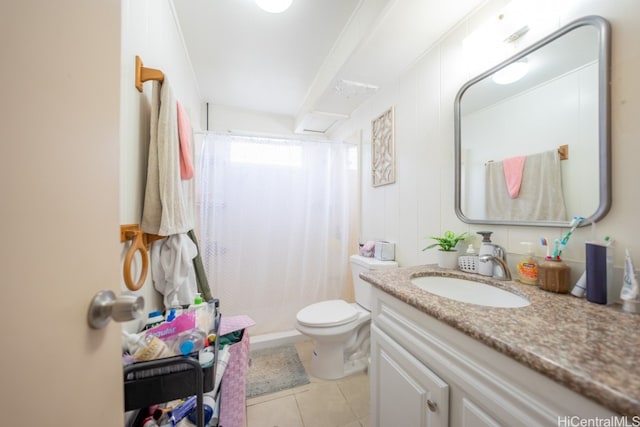 bathroom featuring curtained shower, tile patterned floors, crown molding, toilet, and vanity