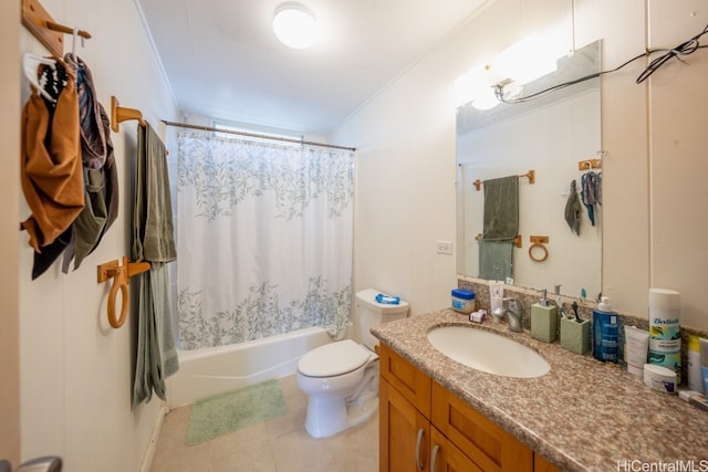 full bathroom with shower / bath combination with curtain, ornamental molding, vanity, tile patterned flooring, and toilet