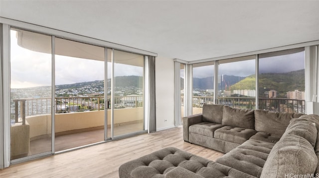 living room featuring a mountain view, wood-type flooring, and a wall of windows