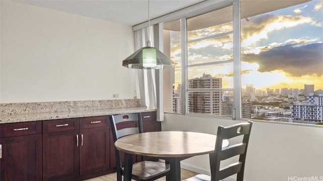 interior space with pendant lighting, light stone counters, and light hardwood / wood-style flooring