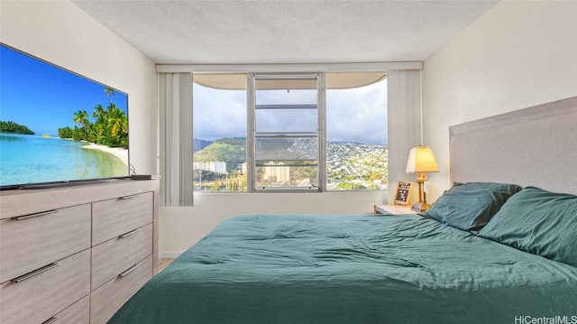 bedroom featuring multiple windows, a mountain view, and a textured ceiling