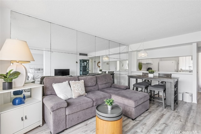 living room with light hardwood / wood-style flooring and a textured ceiling