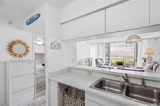 kitchen with white cabinets, sink, and light hardwood / wood-style flooring