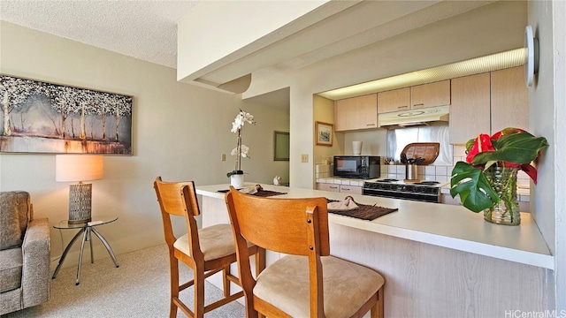 kitchen with under cabinet range hood, a textured ceiling, gas range oven, black microwave, and light colored carpet