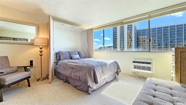 bedroom with a wall unit AC and carpet floors