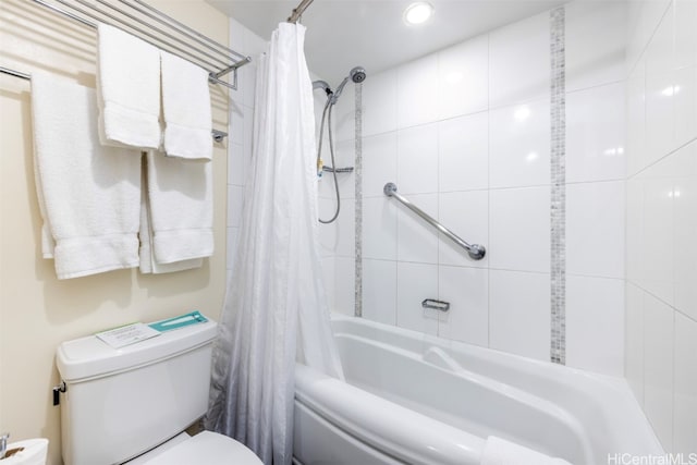 bathroom featuring toilet and shower / bathtub combination with curtain