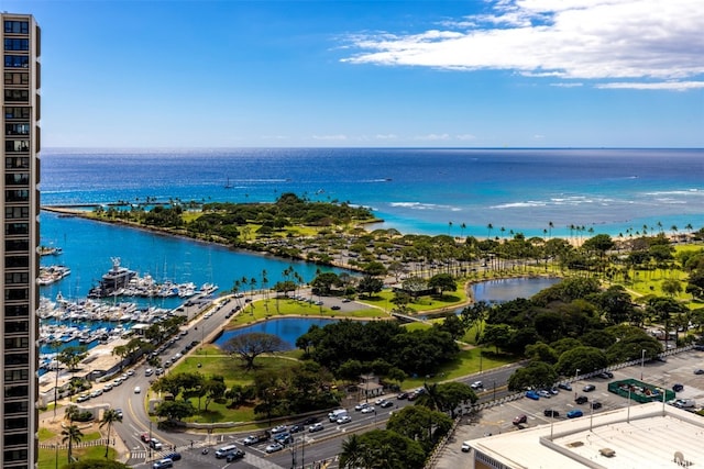 drone / aerial view featuring a water view