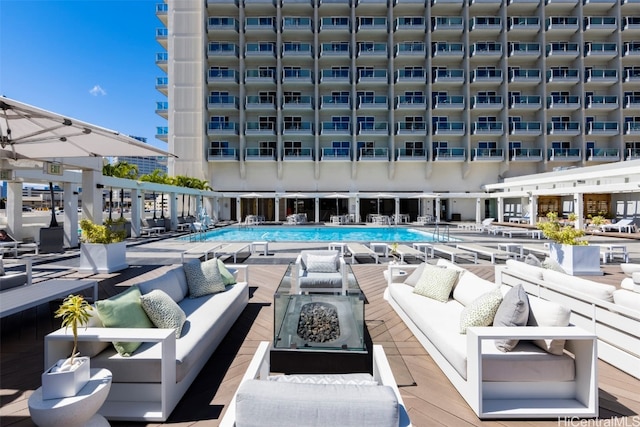 view of pool featuring an outdoor living space