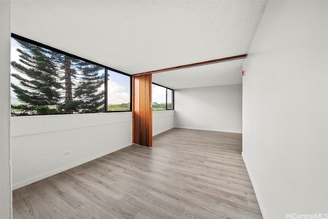 spare room featuring a textured ceiling and light hardwood / wood-style floors