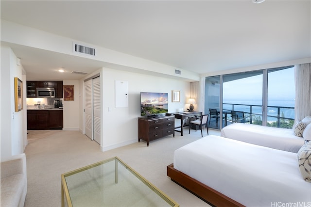 bedroom featuring light colored carpet and a closet