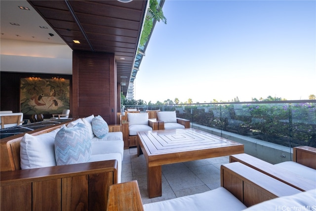 patio terrace at dusk with an outdoor living space