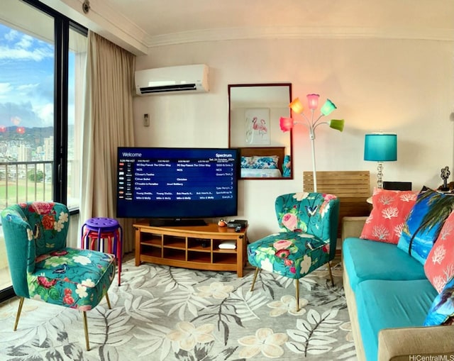 440 Olohana St Unit 1808, Honolulu, HI 96815 - living area featuring a wall unit AC, ornamental molding, and plenty of natural light