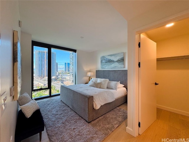 bedroom featuring floor to ceiling windows, access to outside, light hardwood / wood-style flooring, and a spacious closet