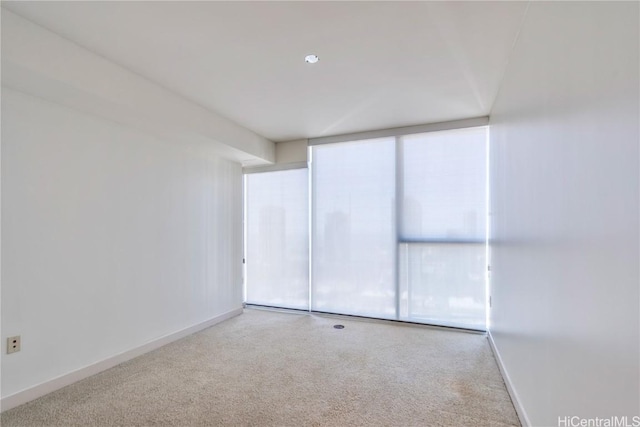 unfurnished room featuring a wall of windows and carpet flooring