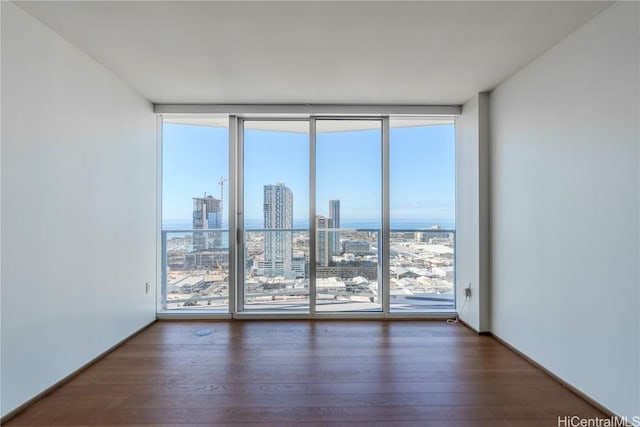 unfurnished room featuring expansive windows and dark hardwood / wood-style flooring