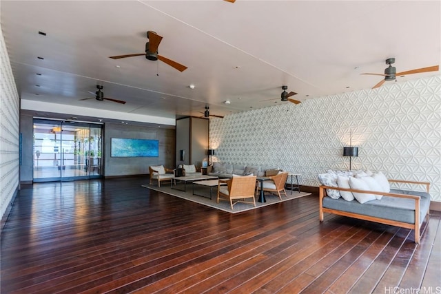 living room featuring dark wood-type flooring