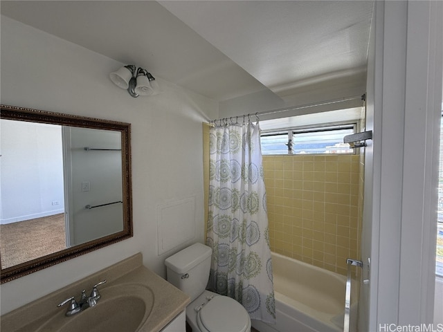 full bathroom with toilet, shower / bath combo, and vanity