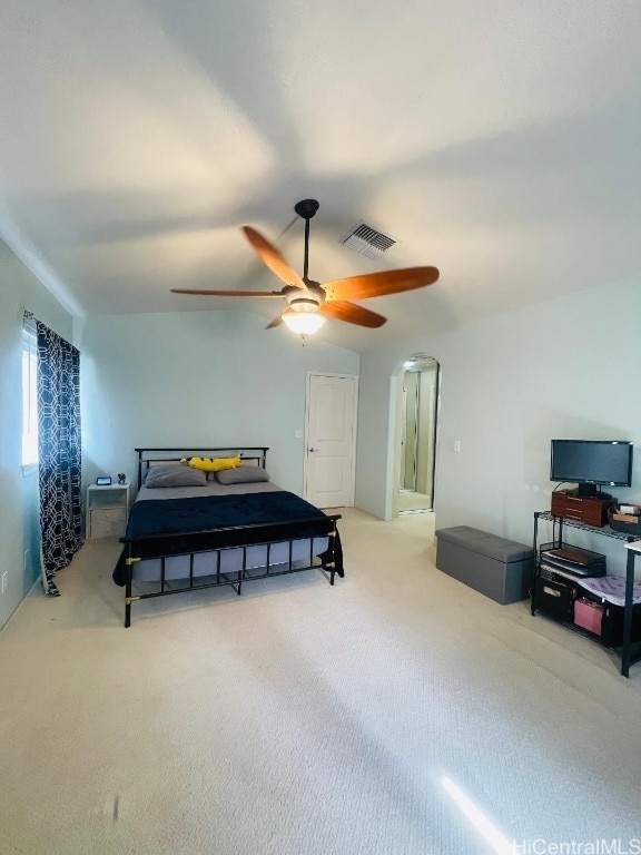 carpeted bedroom featuring ceiling fan