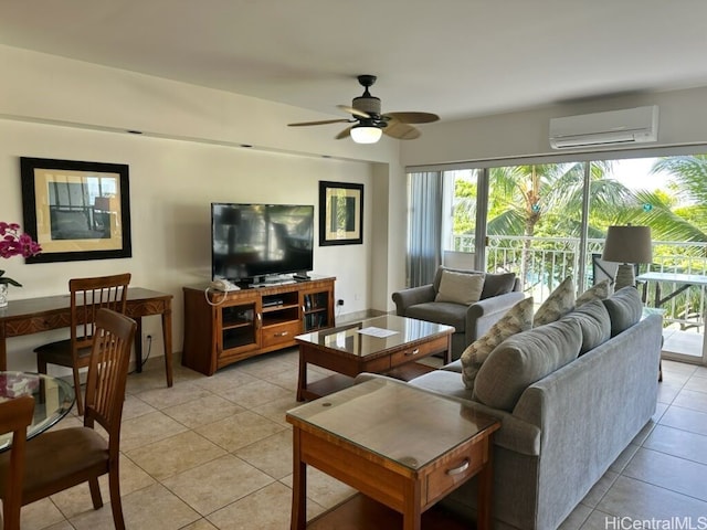 tiled living room featuring an AC wall unit and ceiling fan