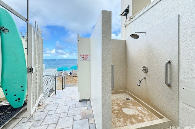 bathroom with a water view