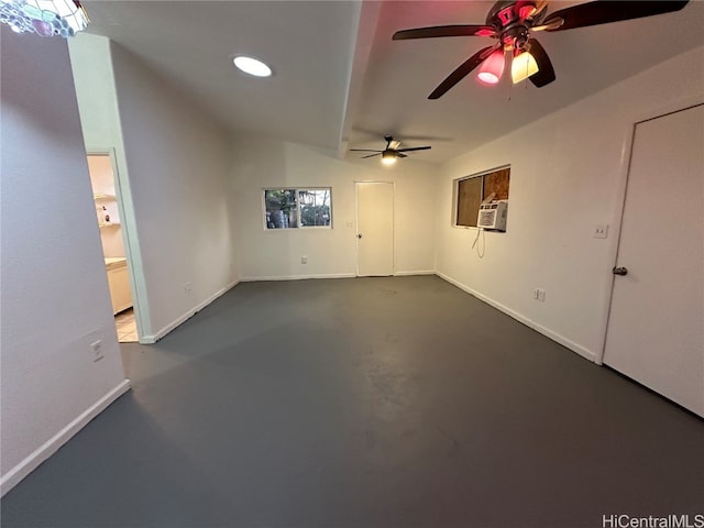 unfurnished living room with ceiling fan, concrete floors, and cooling unit