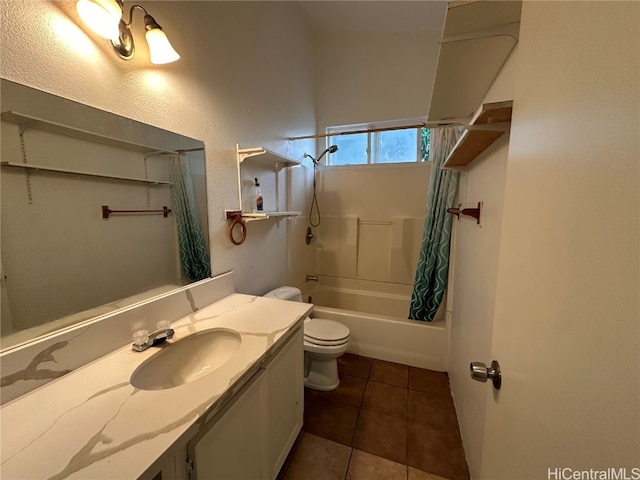 full bathroom featuring vanity, tile patterned flooring, shower / bathtub combination with curtain, and toilet