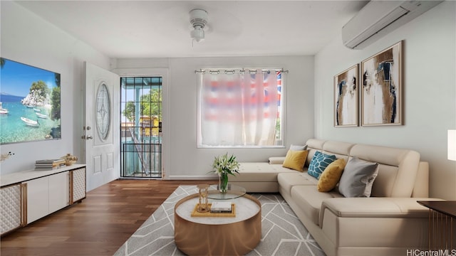 living room with a wall unit AC and wood-type flooring