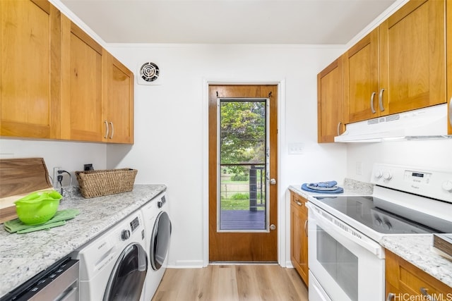 kitchen featuring extractor fan, light stone countertops, light hardwood / wood-style flooring, dishwasher, and electric stove